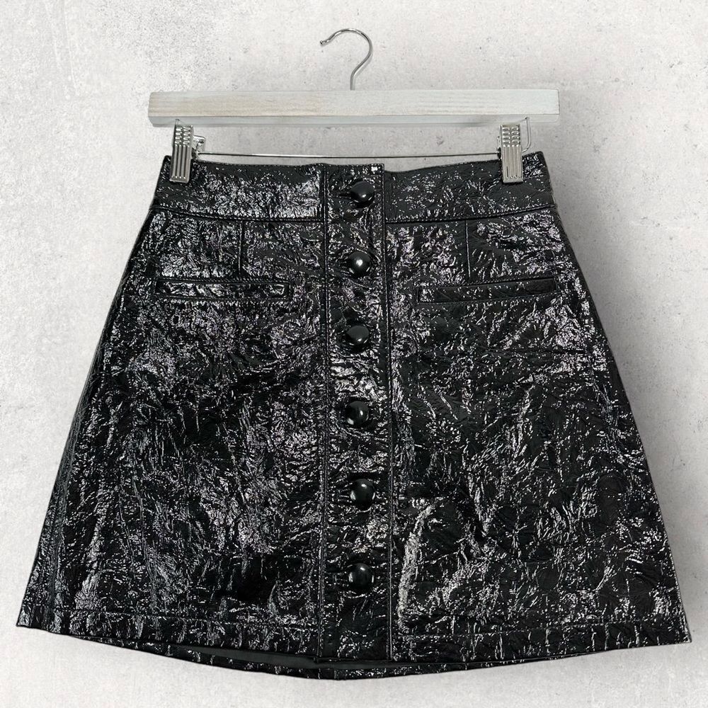 7 For All Mankind Black Patent Leather Skirt A-Line Texture Button Front Xs Nwt